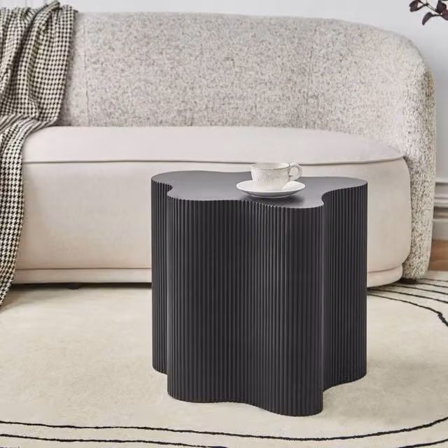 Wyld and Coco Black MDF Modern Side Table with Rounded Fluted Base W: 40 cm, D: 40 cm