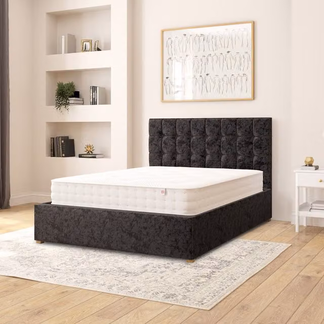 Aspire Sinatra Black Velvet Fabric Ottoman Storage Bed, W/D/H: 140 x 200 cm