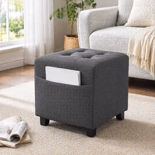 STILVORA Grey Fabric Cube Footstool with Side Pocket, W/D/H: 35 x 35 x 35 cm
