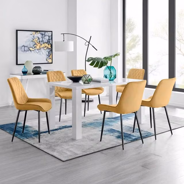 FurnitureboxUK Pivero 6 White Rectangular Dining Table and 6 Pesaro Black Leg Chairs in Mustard