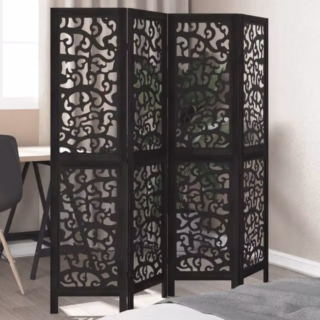 Berkfield Home 4-Panel Black Solid Paulownia Wood Room Divider