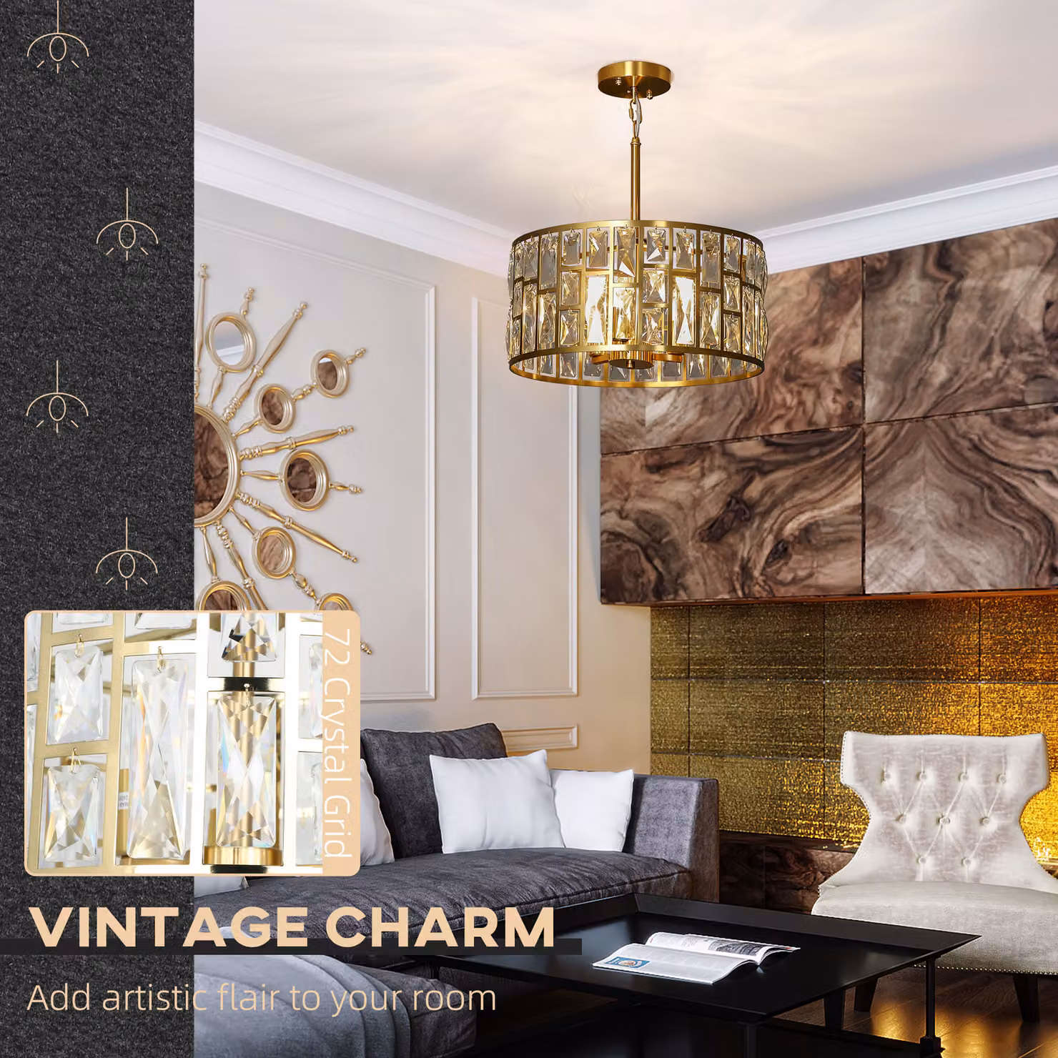 HOMCOM Gold-Tone Glass and Metal Rectangular Crystallite Chandelier, Height Adjustable – 3