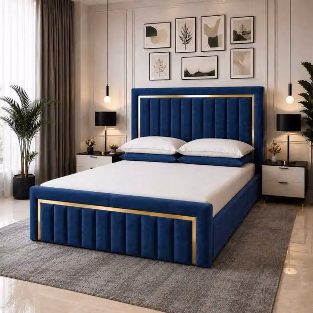 K Mehmood Enterprise Ltd Gold Strip Blue Velvet Upholstered Ottoman Bed Frame with Lift Up Base