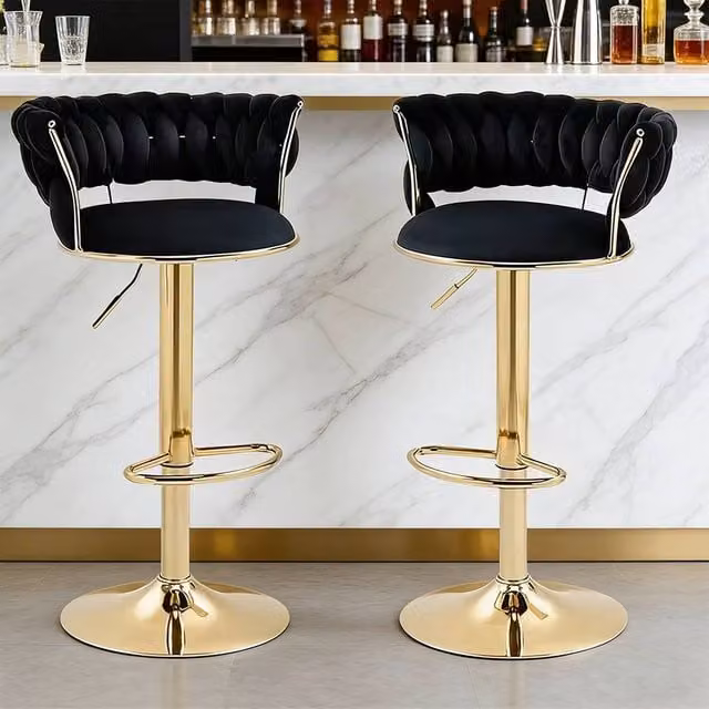 Ventryn Set of 2 Black Velvet Adjustable Swivel Bar Stools with Gold Metal Base