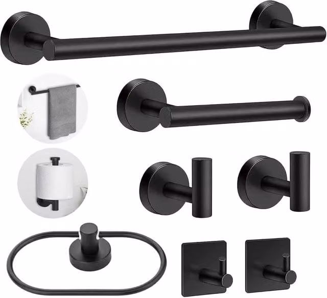 NESTLUNE 7 Piece Black Stainless Steel SUS304 Bathroom Hardware Set with Towel Rail
