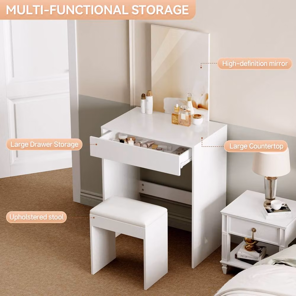 MCC Direct Tampa Dressing Table and Stool with Large Mirror and Drawer in White – 2