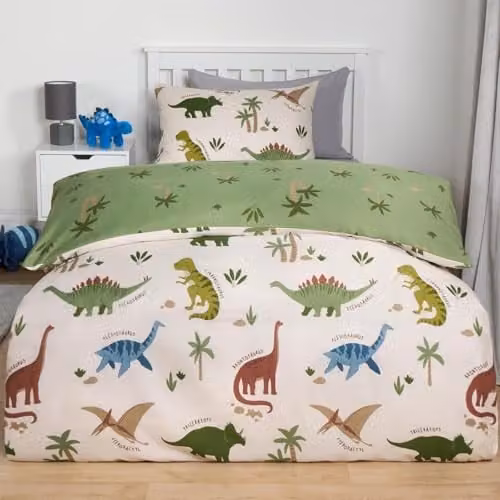 OHS Reversible Dinosaur Print Single Duvet Cover and Pillowcase Set, Green, Duvet Cover: 135 x 200 cm, Pillowcase: 50 x 75 cm