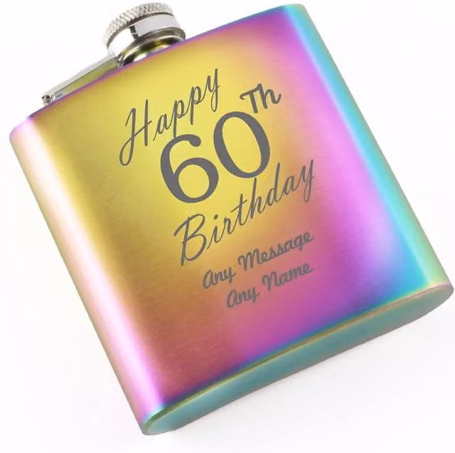 Uniqueful Personalised Happy 60th Birthday Engraved Rainbow Stainless Steel Hip Flask, 6oz