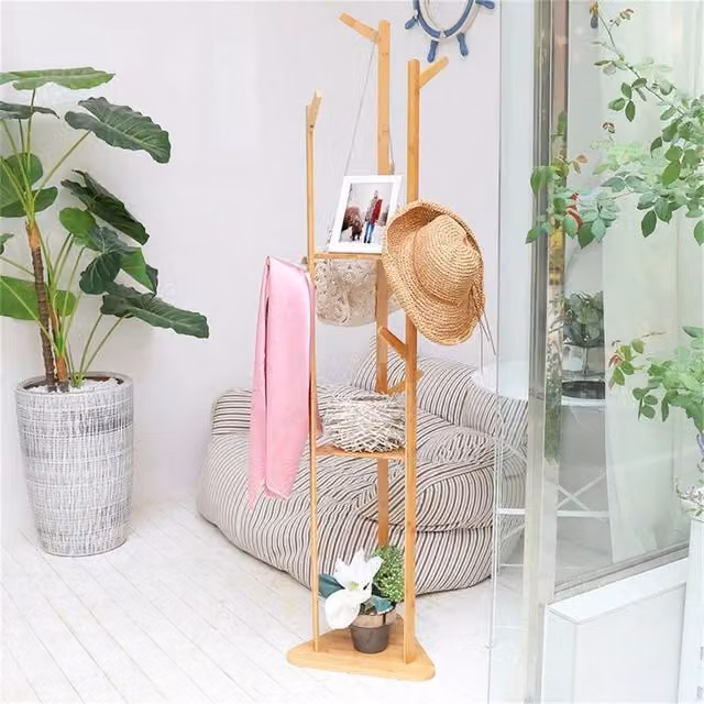 Kelvenix Brown Wooden Floor Standing Coat and Hat Hanger with 10 Hooks