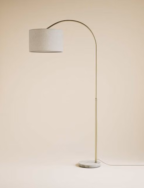 M&S Adjustable Arc Floor Lamp with Marble Base in Antique Brass and Grey Fabric