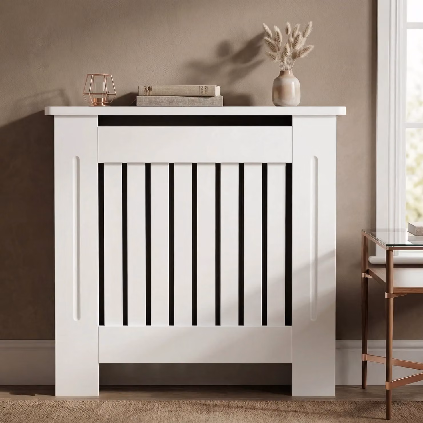 DHS Chelsea White Radiator Cover with Vertical Wooden Slats, Small