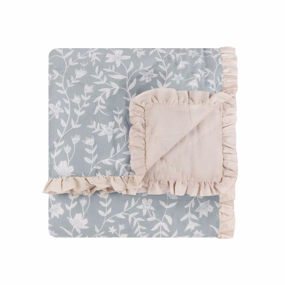 Wylder Amelia Blue Floral Quilted Cotton Bedspread with Ruffled Valance – 2