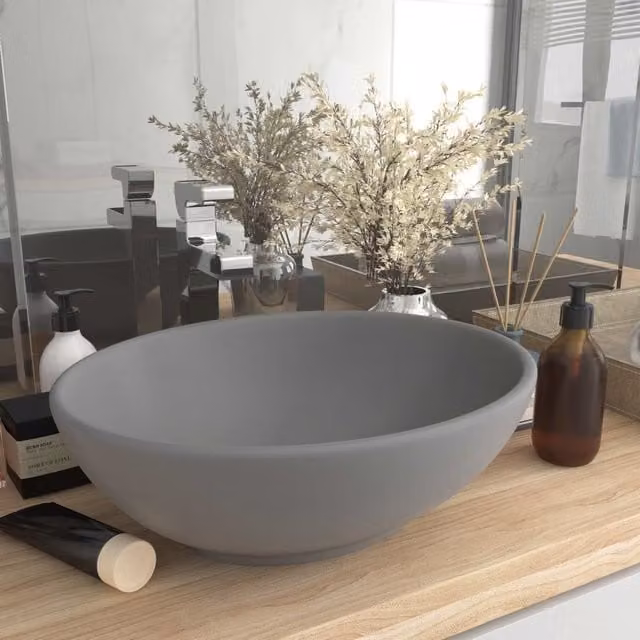 Berkfield Home Oval Ceramic Countertop Basin in Matt Light Grey, W: 40 cm, D: 33 cm, H: 13.5 cm