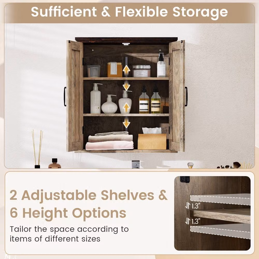 Gymax Rustic Farmhouse Wall Mounted Bathroom and Kitchen Cabinet with 2 Hinged Doors and Internal Shelves in Grey – 7