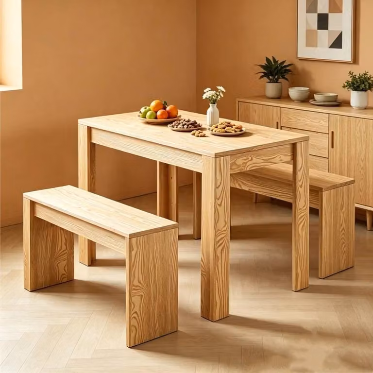 FORGEVIO Scandinavian Wooden Dining Table and 2 Bench Set in Sand