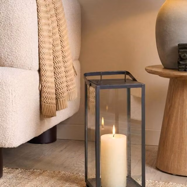 Wyld and Coco Nimbus Black Iron Industrial Modern Tabletop Pillar Candle Lantern, Height: 41 cm