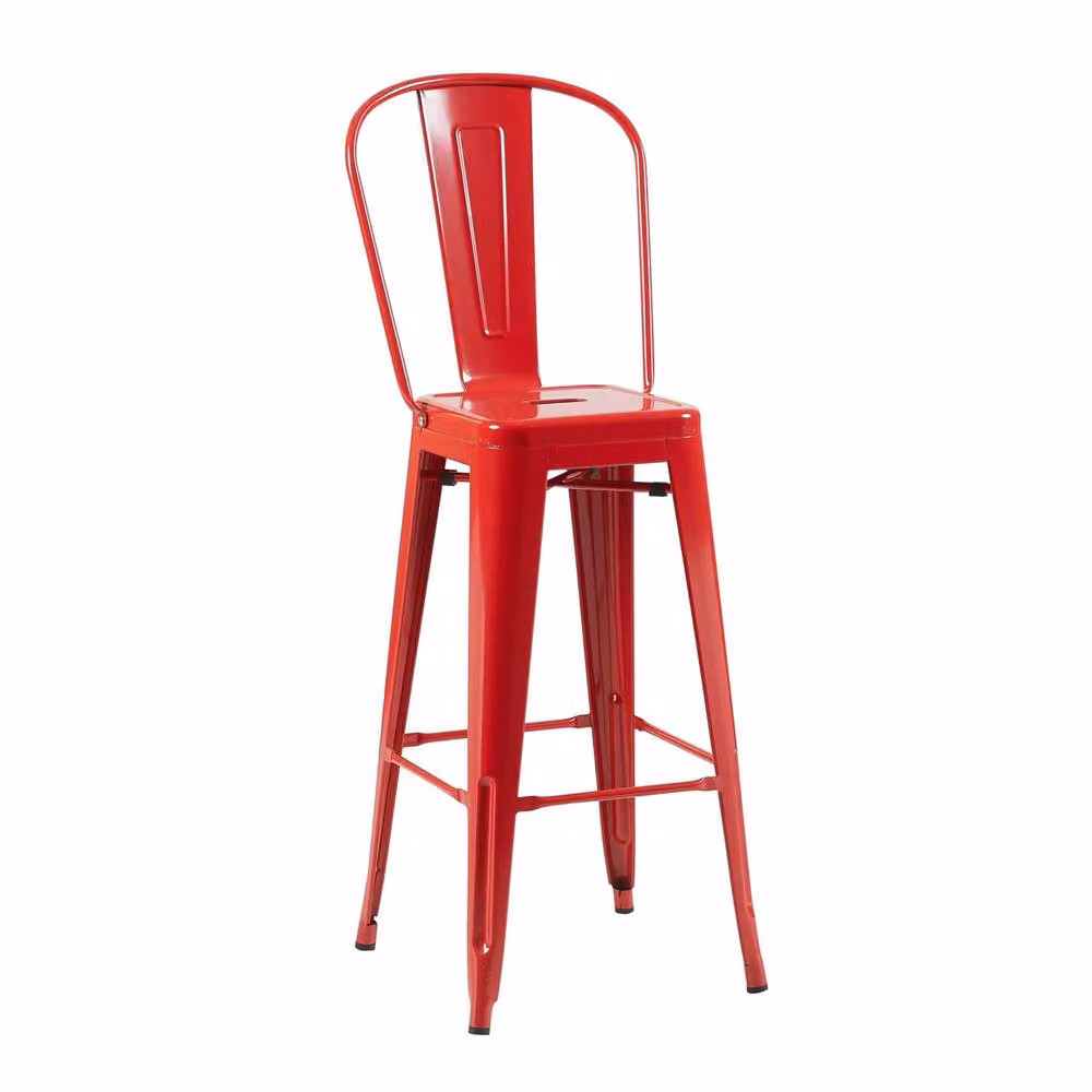 FWStyle Set of 4 Red Glossy Bistro Bar Chairs in Powder Coated Steel, H 117 x W 48 x D 44 cm – 4