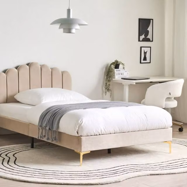 Wyld and Coco Small Double Velvet Bed in Beige with Height Adjustable Headboard