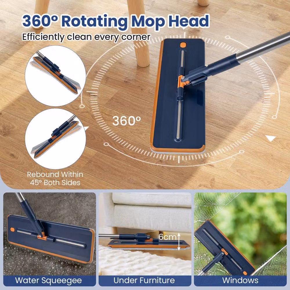 Costway Mop and Bucket Set with Wringer and Scraper, 360 Degree Rotating Microfibre Head, Blue – 6