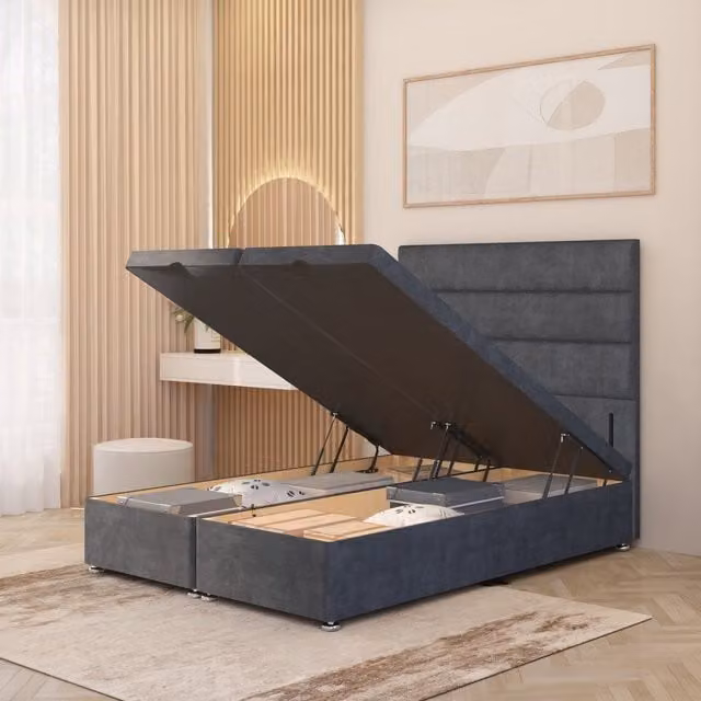 Somnior Beds Ltd Horizona Single Storage Ottoman Bed with 54 Inch Floor Standing Velvet Headboard in Silver