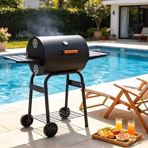 Gr8 Garden Large Charcoal BBQ Barrel Grill Smoker in Black or Grey with Thermometer, Warming Rack and Wheels – 6