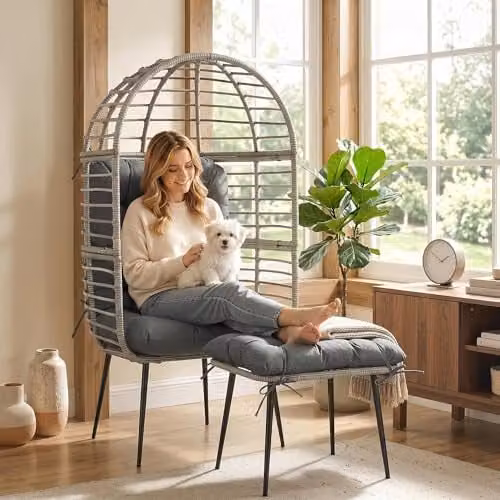 Outsunny Standing Garden Egg Lounge Chair with Footstool and Cushions, Light Grey – 8