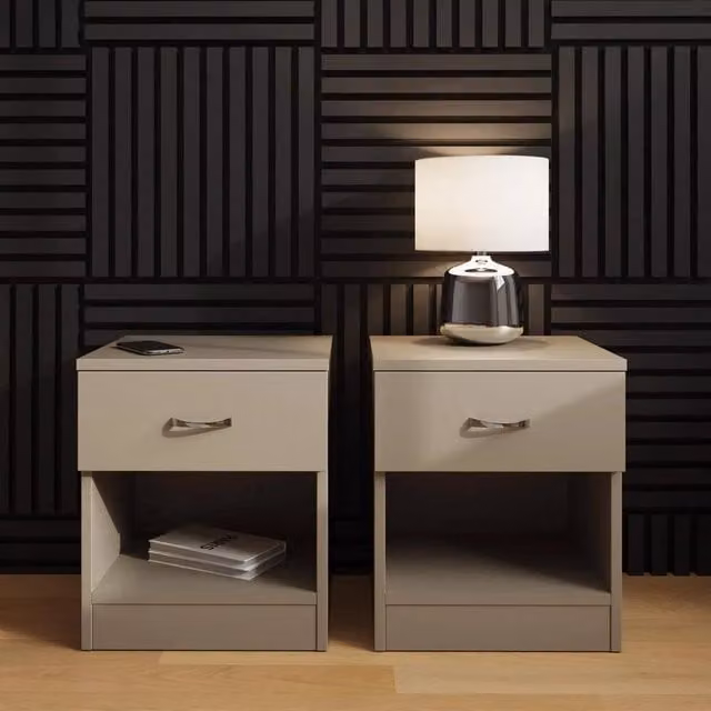 SPETLEK Set of 2 Putty Bedside Tables with Deep Drawers in Brown and Chrome – 1