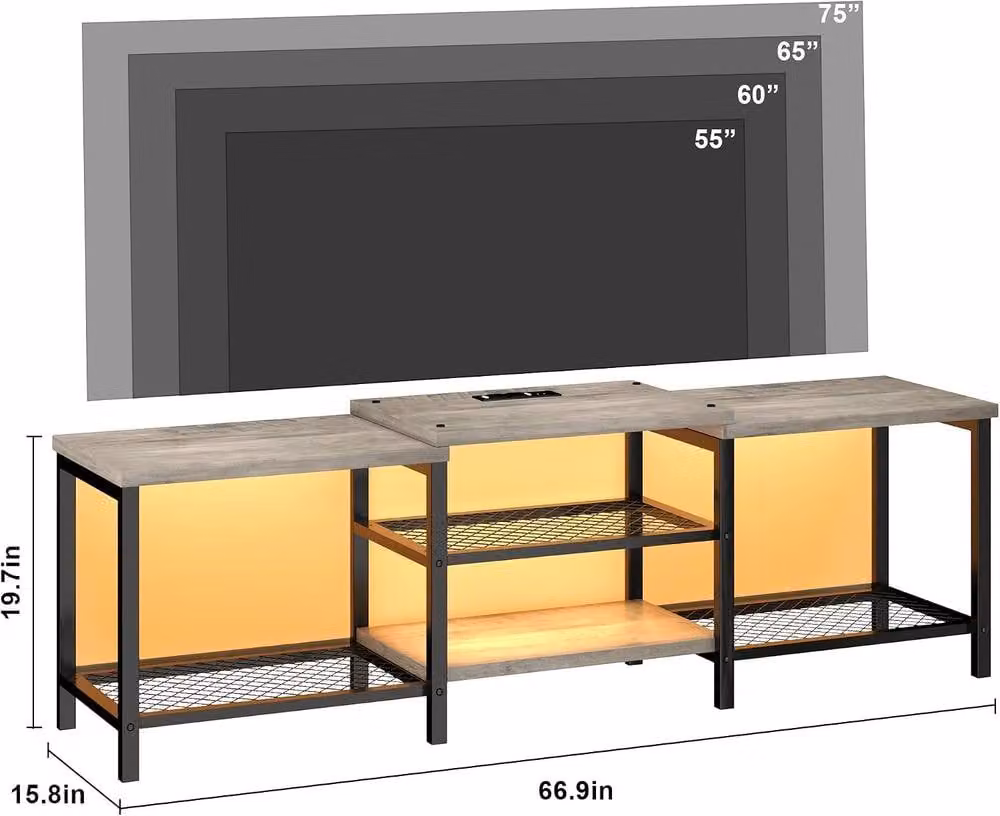 London Boutique Modern Grey and Brown Wood TV Stand with Integrated Lighting and Media Compartments for TVs Up to 75" – 6