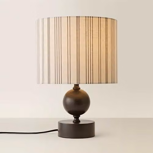 ValueLights Anthony Candlestick Table Lamp with Beige Linen Stripe Shade and Black Metal Base, H: 37.0 cm, W: 26.0 cm, D: 26.0 cm