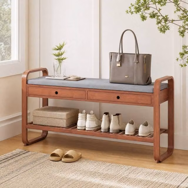STILVORA Shoe Bench with 2 Drawers and Cushioned Fabric Seat in Brown