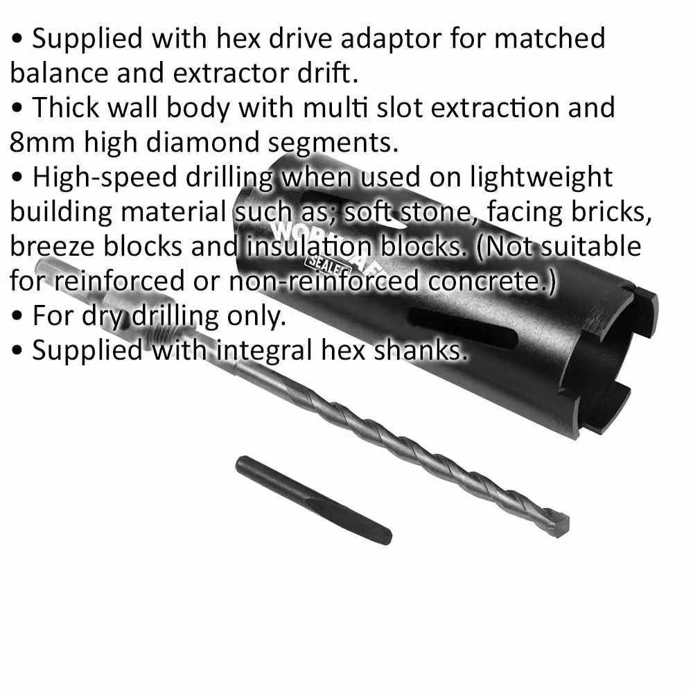Loops Dry Diamond Core Drill Hole Saw with Hex Drive Adaptor in Multicolour, W: 65 mm, H: 150 mm – 2