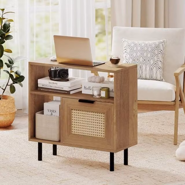 VOGREX Modern Boho Rattan Nightstand and Side End Table Cabinet in Brown – 1