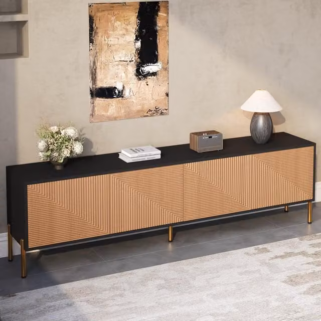 Aosom UK Modern Black and Wood TV Cabinet with 4-Door Concealed Storage, W/D/H: 179 x 35 x 53.5 cm – 1