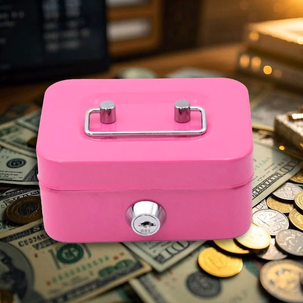 FLAVORA Pink Metal Lockable Cash Box with Handles for Secure Money Storage – 3