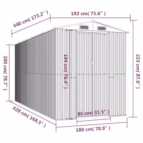 vidaXL Garden Shed in Dark Brown, Galvanised Steel, W/D/H: 440 x 192 x 223 cm – 3