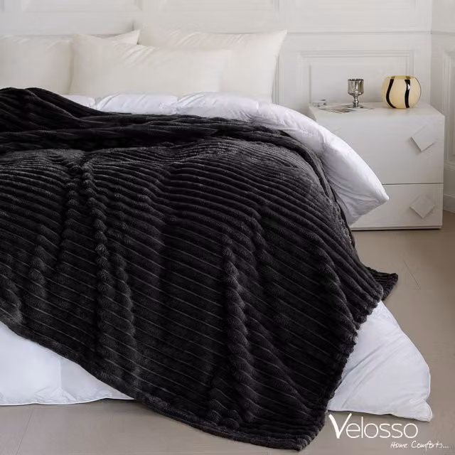 Velosso Super Soft Chunky Cord Blanket Throw in Black, W: 200 cm, D: 240 cm