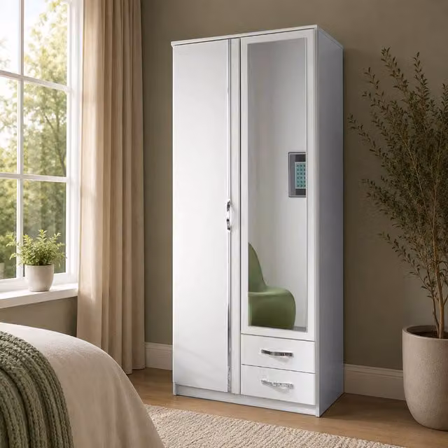 Duo White Modern Wardrobe with 2 Doors, 2 Drawers and Mirror