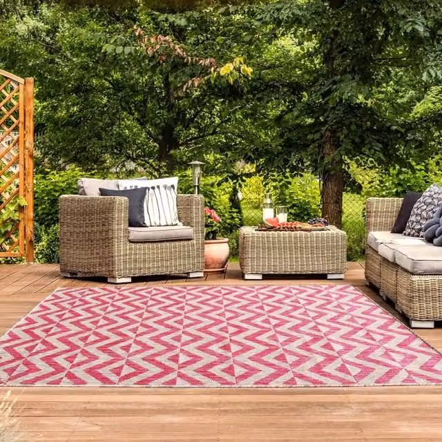The Rug House Pink and Grey Geometric Flatweave Indoor Outdoor Rug, W: 150 cm, D: 80 cm