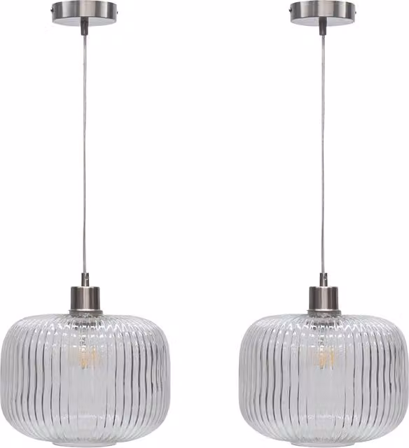 First Choice Lighting Batley Large Set of 2 Pendant Lights with Transparent Ribbed Glass and Silver Satin Nickel Finish