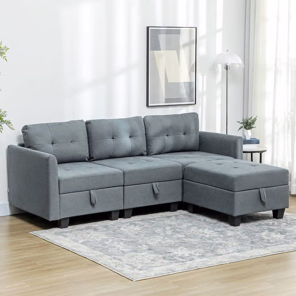 ERGOVEXA L-Shape Modular Sofa in Grey with Storage and Reversible Fabric Upholstery – 3