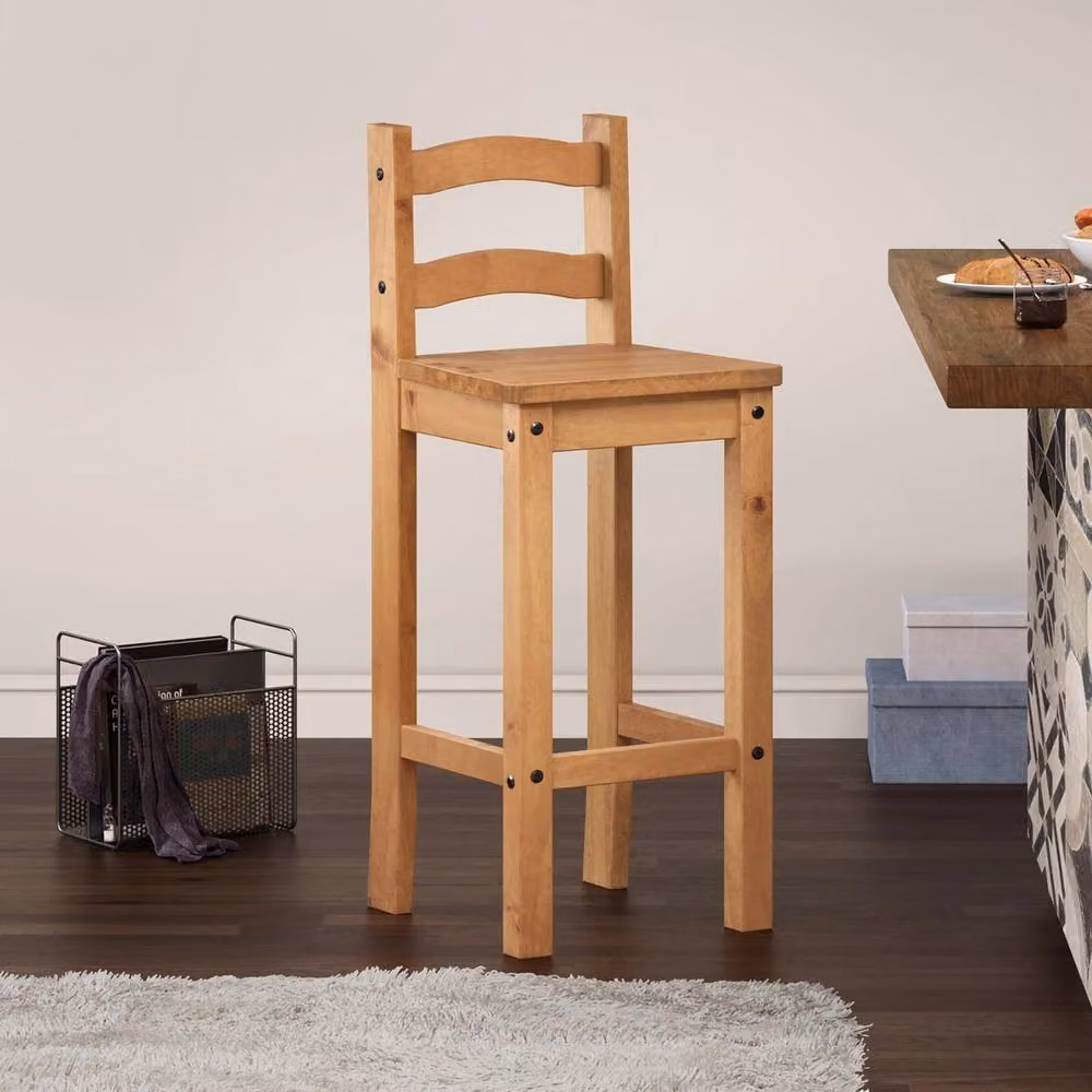NESTLUNE Pair of Mexican Style Tall Bar Stools in Brown Solid Waxed Pine, H 100 cm x W 15 cm x D 15 cm – 3