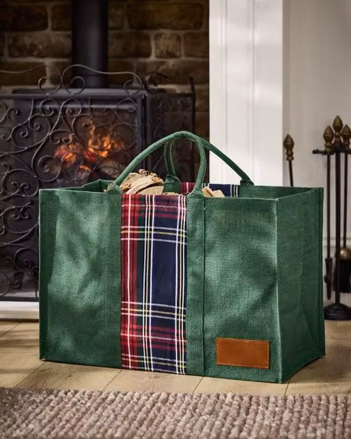 Dibor Traditional Tartan Plaid Jute Firewood Log Storage Bag in Garden Green, H: 40 cm, W: 60 cm