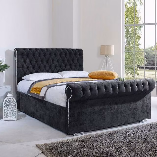 Desire Deco Royal Sleigh Bed Frame in Grey Velvet Fabric, W/D/H: 180 x 200 cm