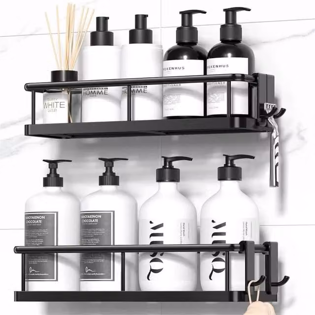 Nordara 2-Piece Black Metal Rustproof Bathroom Caddy Storage Set with Hooks, Width: 50 cm