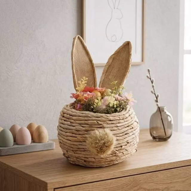 Garden Greatness Multicolour Woven Faux Floral Bunny Ears Rattan Basket
