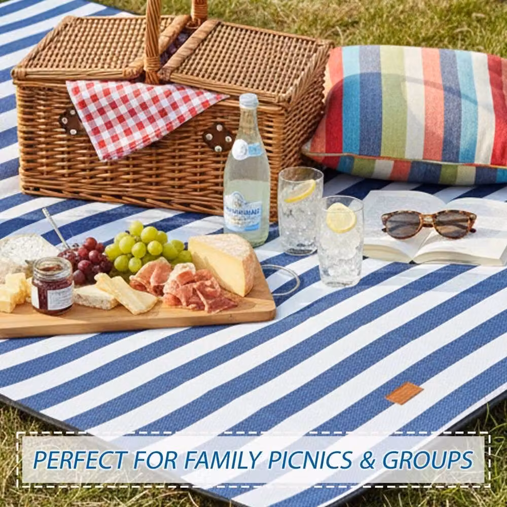 EONLION Extra Large Waterproof Picnic Blanket and Beach Mat in Blue Striped Design, W: 100 cm – 4