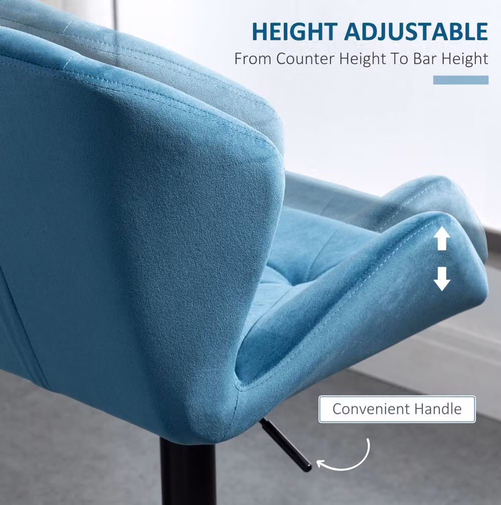 STILVORA Set of 2 Blue Velvet Swivel Bar Stools with Adjustable Height and Metal Base – 5