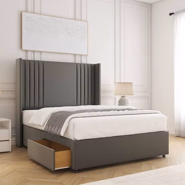 BSSPOKE Cheshire King Divan Bed with 54 inch Plush Velvet Headboard and 2 Drawers in Grey, W/D/H: 180 x 137.16 x 30.48 cm