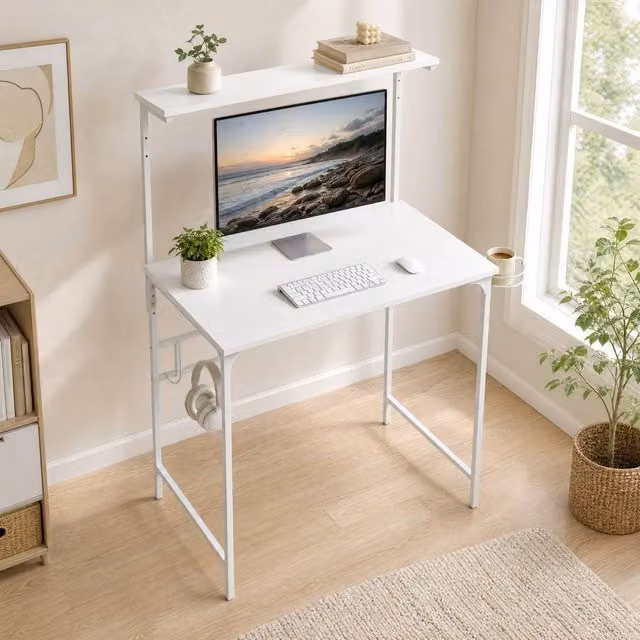 STILVORA Modern White Computer Desk with Hutch Shelf and Accessories
