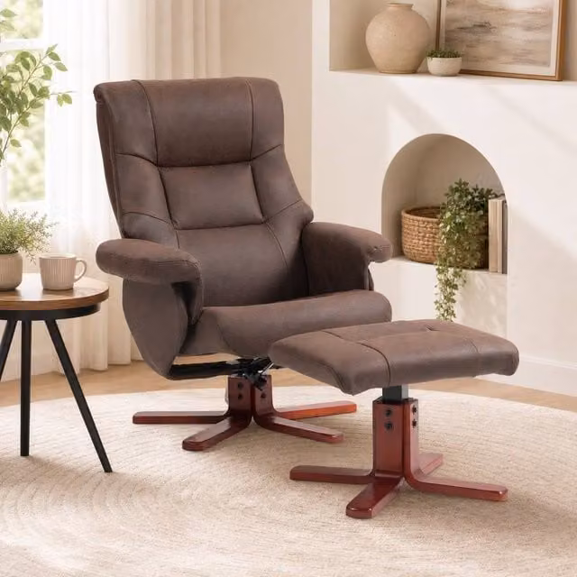 STILVORA Manual Recline Recliner Chair and Footstool Set in Brown